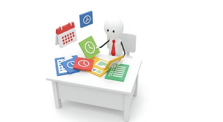 Stickman Organizing Office Workflow on White Background	A stickman efficiently manages office tasks with documents, calendars, and checklists, symbolizing productivity and time management