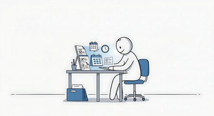 Stickman Organizing Office Workflow on White Background	A stickman efficiently manages office tasks with documents, calendars, and checklists, symbolizing productivity and time management