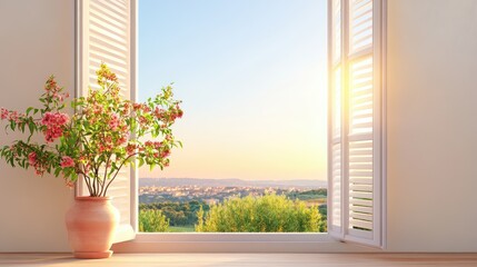 Fototapeta premium Elegant window view with sunlight through slats and clear sky horizon in background
