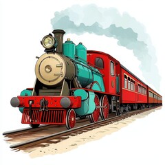 Vintage Teal and Red Steam Train Illustration