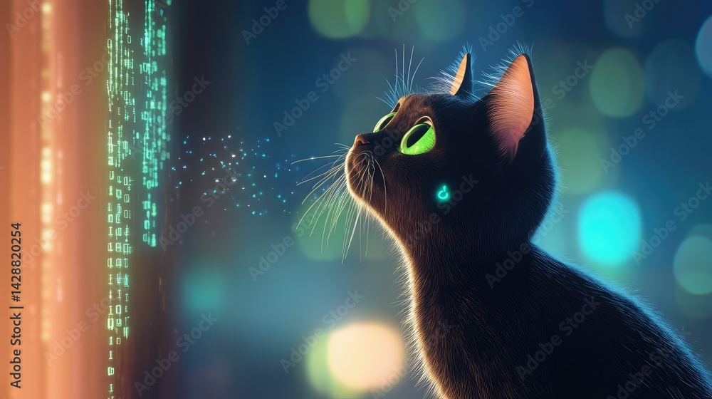 Poster futuristic scene of cat with vivid green eyes gazing into glowing binary code stream