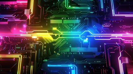 Background circuit board digital technology rainbow lines neon modern AI generated image