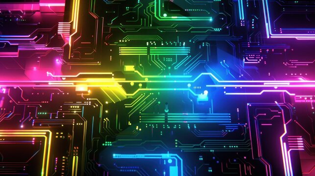 Background circuit board digital technology rainbow lines neon modern AI generated image