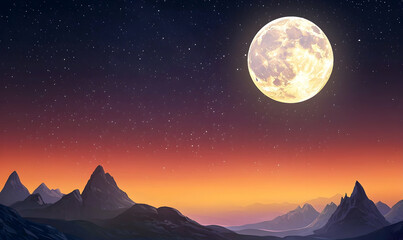 Serene Nightscape: Full Moon over Mountain Range