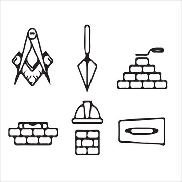 Simple Vector Icons of Masonry Tools and Construction Elements