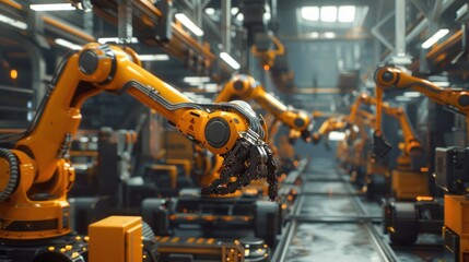 A futuristic factory with robots in orange and black