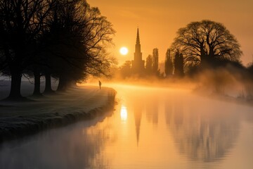 Obraz premium Misty morning by the river with silhouetted trees and church steeple at sunrise
