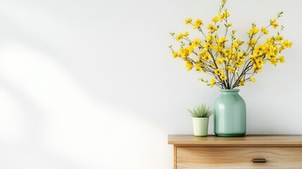 Pop of color: yellow flowers in green vase resting on wooden nightstand against white wall
