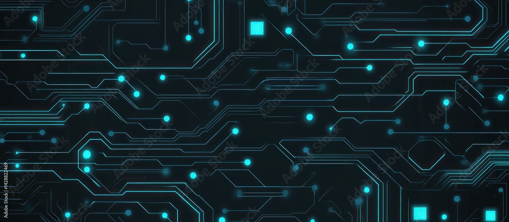 Poster futuristic abstract electronic circuit board pattern with glowing turquoise lines and nodes represen