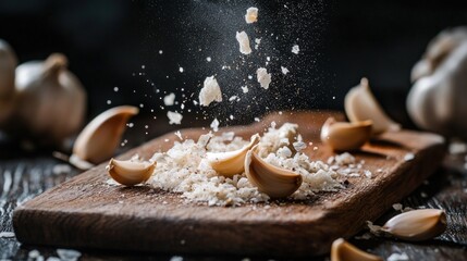 Crushed garlic on wooden board.  Freshly ground garlic powder explodes onto the board