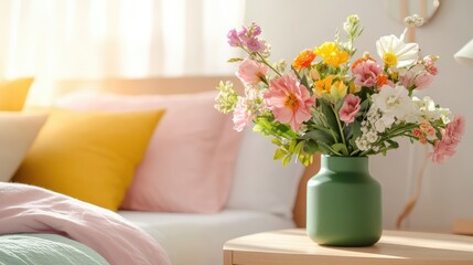 Sunny bouquet in green vase on stylish wood nightstand in cozy, well-lit bedroom