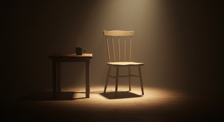 Minimal vintage wooden chair with side table under soft spotlight in dark empty room. Warm cinematic lighting for introspective, emotional, and contemplative interior scene. Solitude concept.