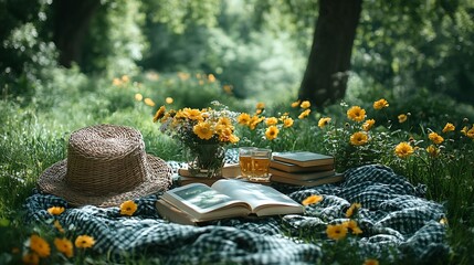 Summer Picnic Photo With Books,Hat,And Yellow Flowers In A Meadow