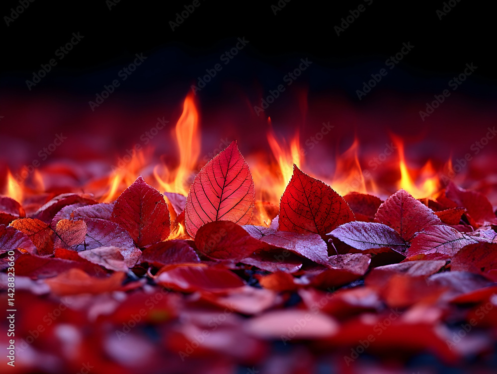 Poster red leaves with textured veins on fire background blending fall colors and fiery elements in a capti