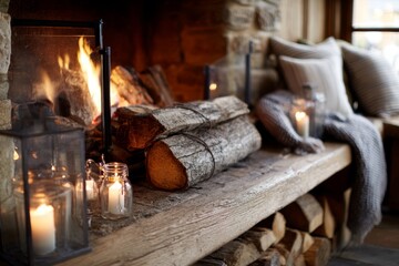 Cozy fireplace with crackling logs and warm lighting for a homely feel.