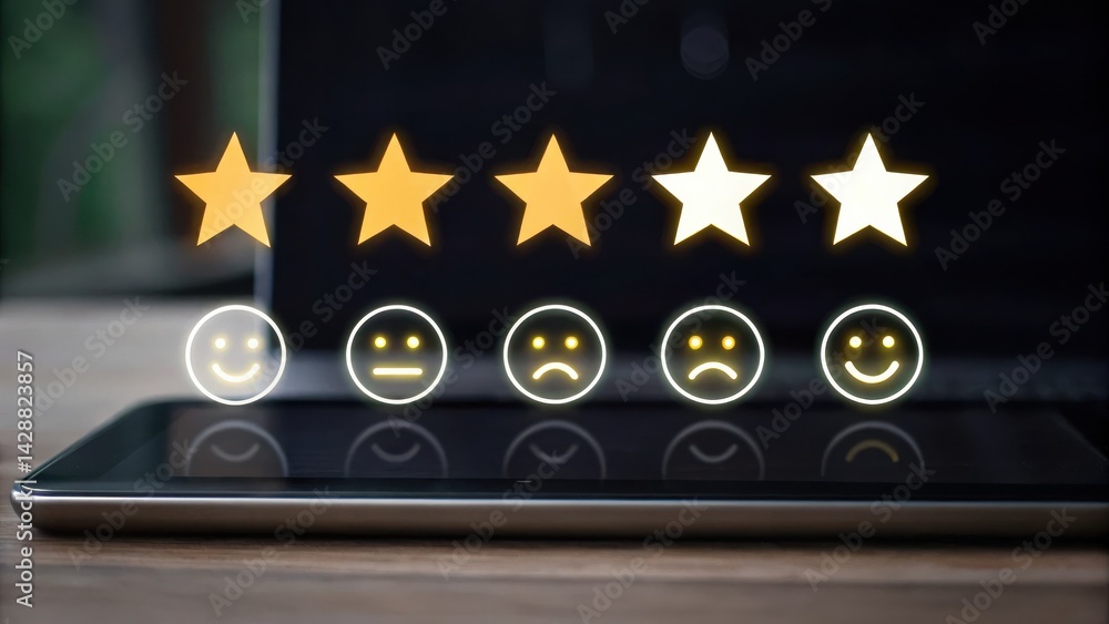 Poster a digital device displaying rating stars and emoticons, symbolizing user feedback and reviews.