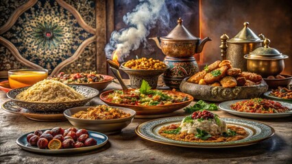 Aromatic Feast  Savory Dishes and Sweet Delights Await on a Table Set with Ornate Vessels