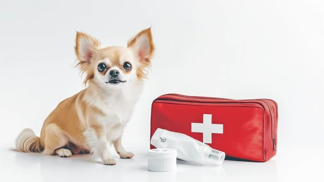 Chihuahua sitting alertly beside red first aid medical kit with white cross symbol. The small fawn-colored dog maintains watchful position next to the emergency bag throughout sequence.