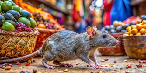 A gray rodent investigates colorful fruits and nuts in a bustling marketplace