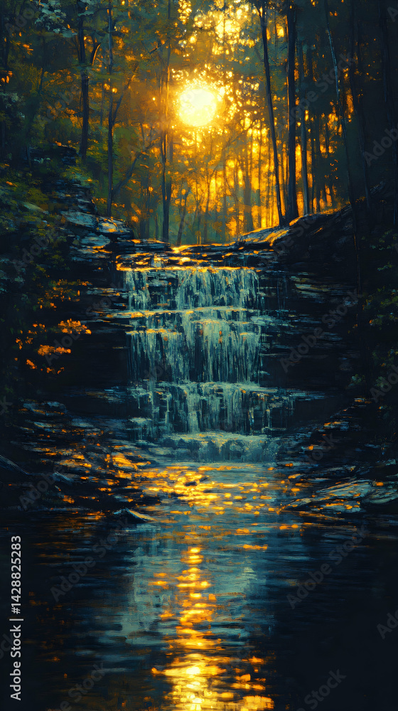 Poster sunlight streams through trees illuminating a tiered waterfall flowing into a calm pool