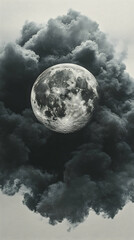 Fototapeta premium The moon glows engulfed in dark billowing clouds a night sky in monochrome