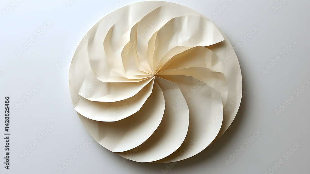 Poster swirling paper art in off-white circular form light reflects off of its layers casting subtle shadow
