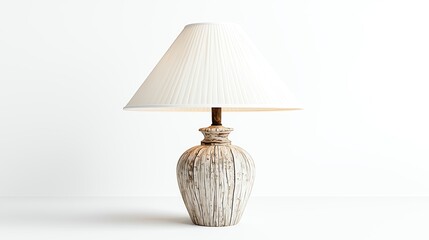Isolated on white, farmhouse style table lamp with distressed wood and classic cream shade, cozy and realistic tone
