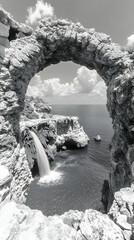 Fototapeta premium Rocky archway frames ocean view cascade flowing Monochromatic image