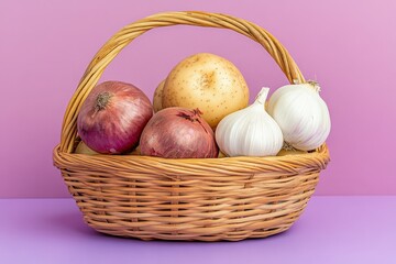 Close-up view of a wicker basket filled with root vegetables.