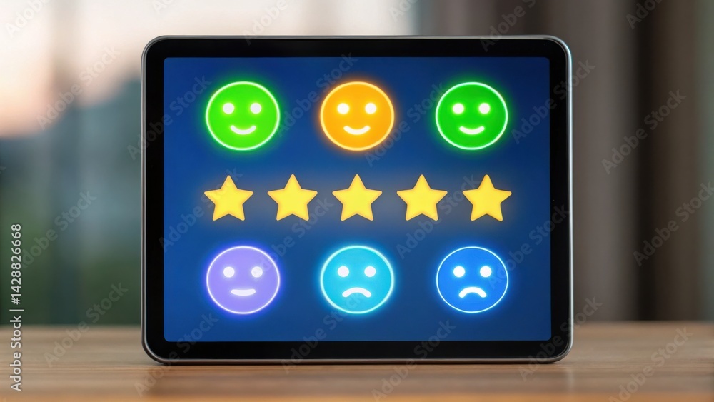 Poster a digital interface displaying various colored smiley faces and star ratings, representing feedback 