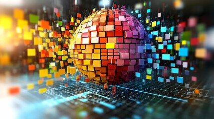 Sphere made of colorful cubes floats above a surface with lines and small squares in the background