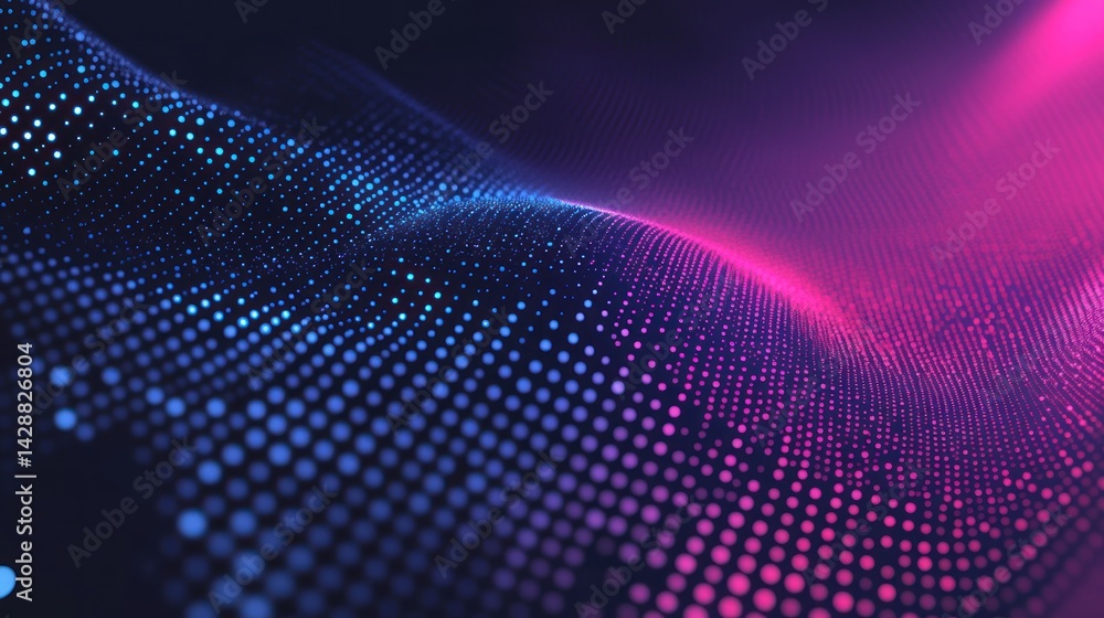 Poster a mesmerizing display of interconnected dots in blue and vibrant pink forming a dynamic digital land