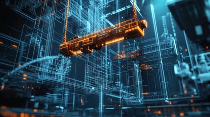 Obraz premium Digital Cityscape Wireframe Bus Suspended