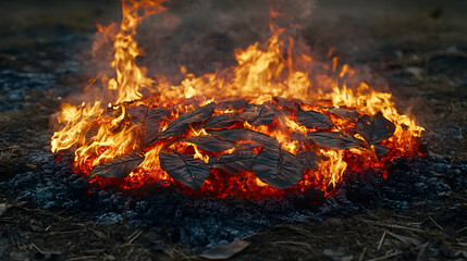 Flames engulf a pile of dark leaves creating a vibrant spectacle of fire on the ground