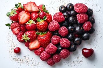 Fototapeta premium Assorted Berries Heartshaped Strawberries, Raspberries, Blueberries, Cherry on White