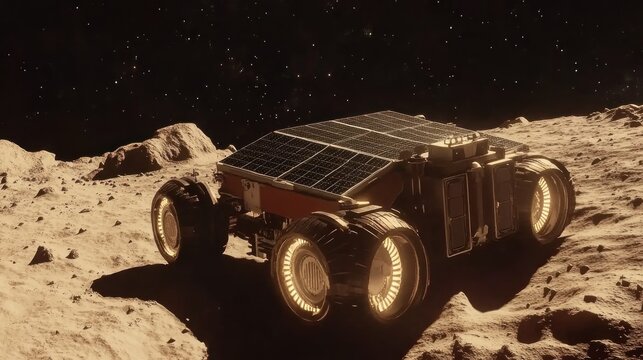 Lunar rover exploring crater, starry night, space exploration