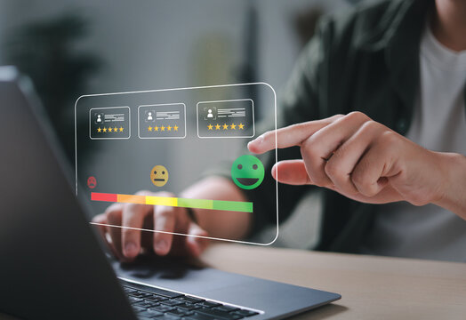 Businessman uses smartphone to provide five-star feedback for customer satisfaction survey, increasing company rating and improving service quality.