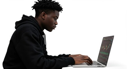 Focused Young Man Analyzing Data on Laptop, Side Profile