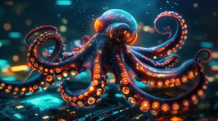 Obraz premium Glowing Octopus Underwater Cyberpunk Cityscape