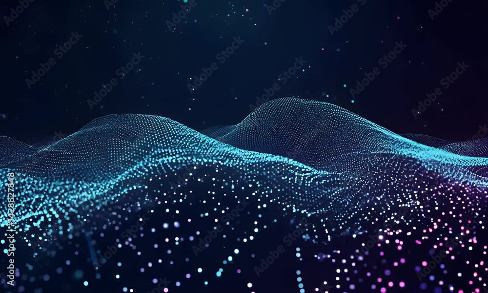 Poster abstract digital wave of glowing particles and energy flows with futuristic motion in a sci-fi inspi