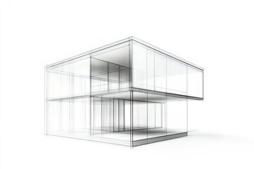 Architectural design, a modern building with transparent glass walls, a wireframe hologram, against a white background, an architectural drawing, architectural sketching, technical details, detailed