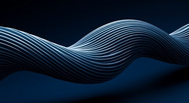 Dark blue 3D background with ribbed wave structure in tight curvature. Abstract fabric-like tension of parallel lines flows across surface. Monochrome tech texture. 3D illustration