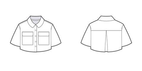 Crop Short Sleeve Polo with Front Pockets and Front Button Fastening, Straight Design- Front and Back View- Fashion Technical illustration-T-shirt- Crop Polo CAD Mockup