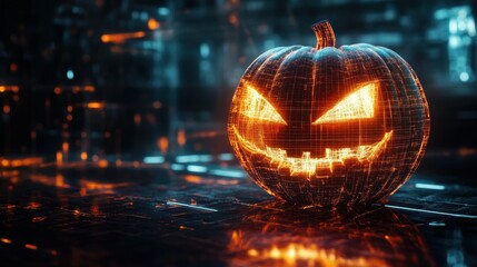 Naklejka premium Glowing Halloween Pumpkin Cyberpunk Cityscape