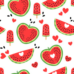 Colorful watermelon seamless pattern with slices, popsicles, cubes, and fun shapes for summer designs, stickers, prints, social media, party invitations. Summer fruit collection