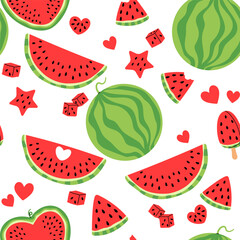 Colorful watermelon seamless pattern with slices, popsicles, cubes, and fun shapes for summer designs, stickers, prints, social media, party invitations. Summer fruit collection