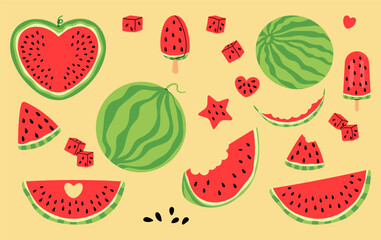 Colorful watermelon vector set with slices, popsicles, cubes, and fun shapes for summer designs, stickers, prints, social media, party invitations. Summer fruit collection