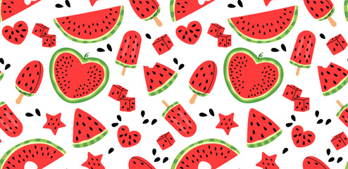 Colorful watermelon seamless pattern with slices, popsicles, cubes, and fun shapes for summer designs, stickers, prints, social media, party invitations. Summer fruit collection