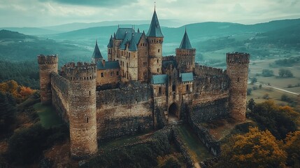 Enchanting medieval fortress standing guard over rolling hills under overcast sky