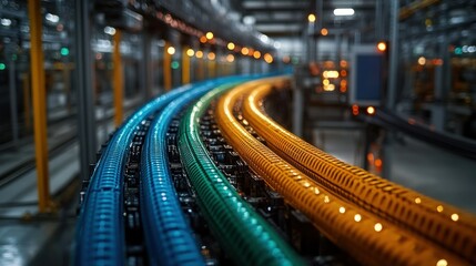 Colorful industrial cables on a conveyor system within a modern factory.  Automated production line with electrical wiring